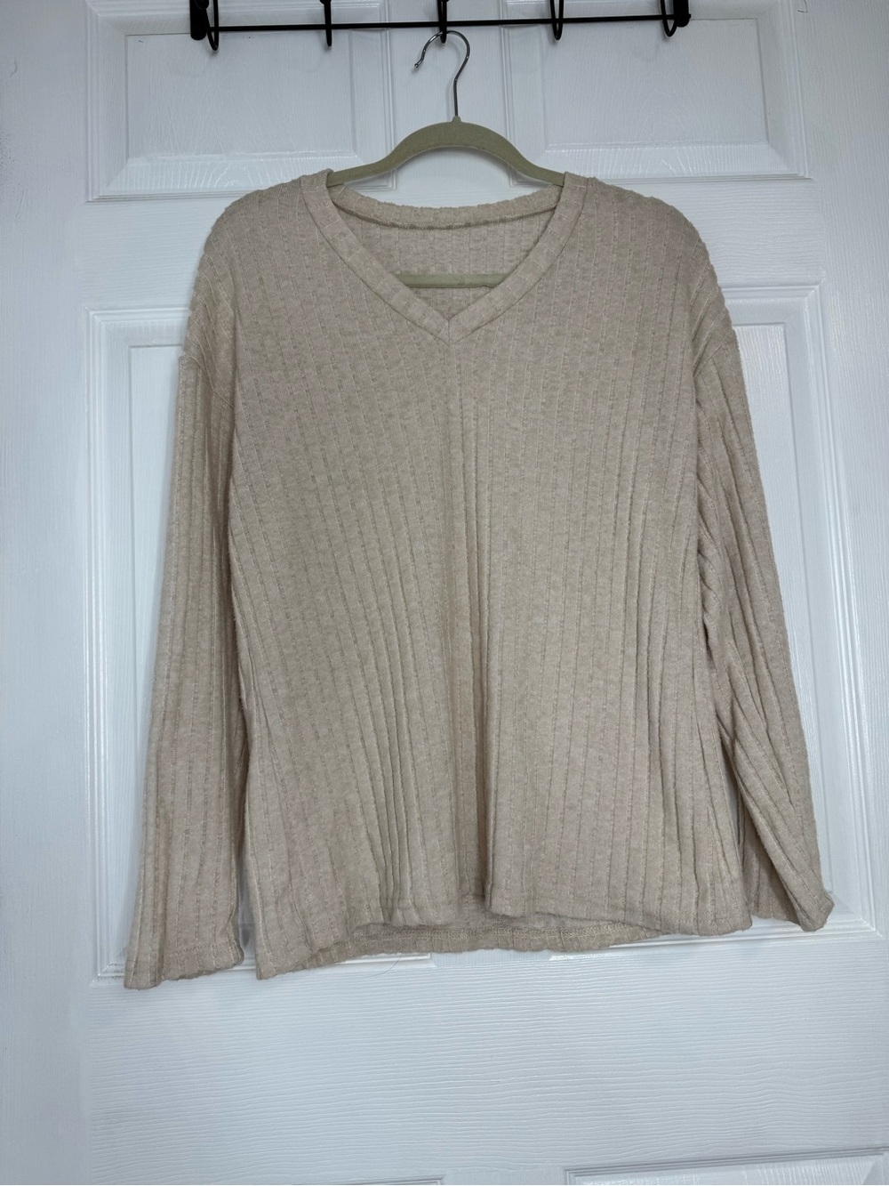 Neutral Ribbed V-Neck Sweater & Pant Set - Cream